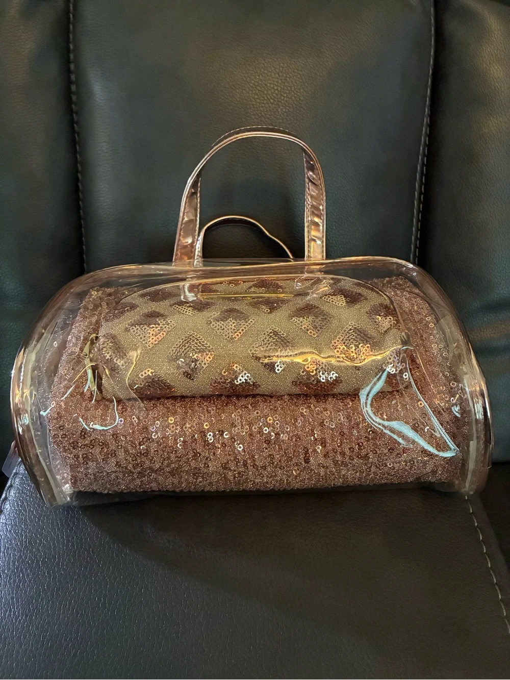 Vince Camuto Metallic Rose Gold Clear Sequin 3-Piece Cosmetic Bag Set